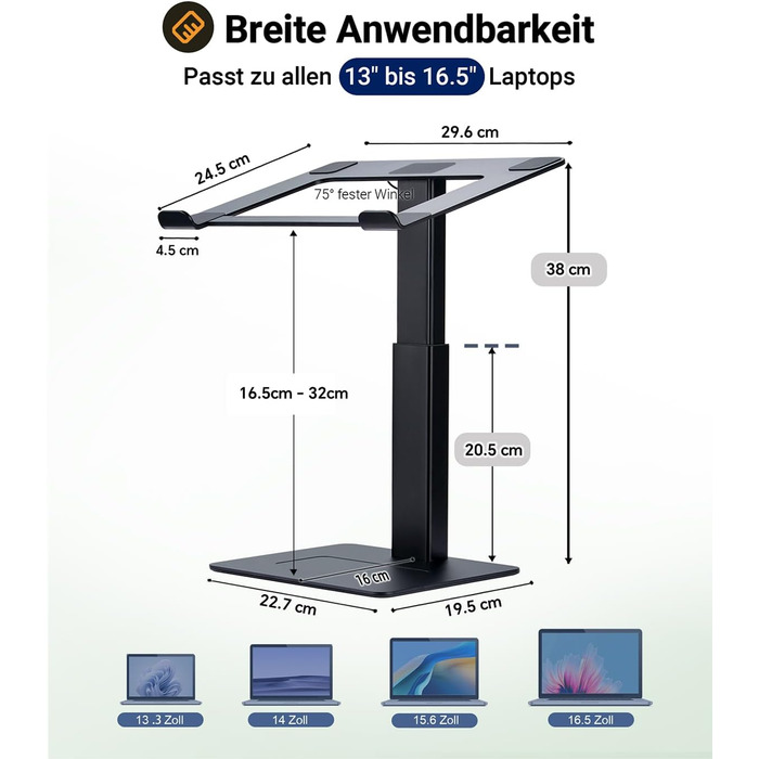 Регульований підставка для ноутбука, стійка для ноутбука на стіл, можливість стоячи, підставка для DJ, компактна альтернатива столу, сумісна з MacBook та ноутбуками 13'-16.5', чорний Polar-Schwarz