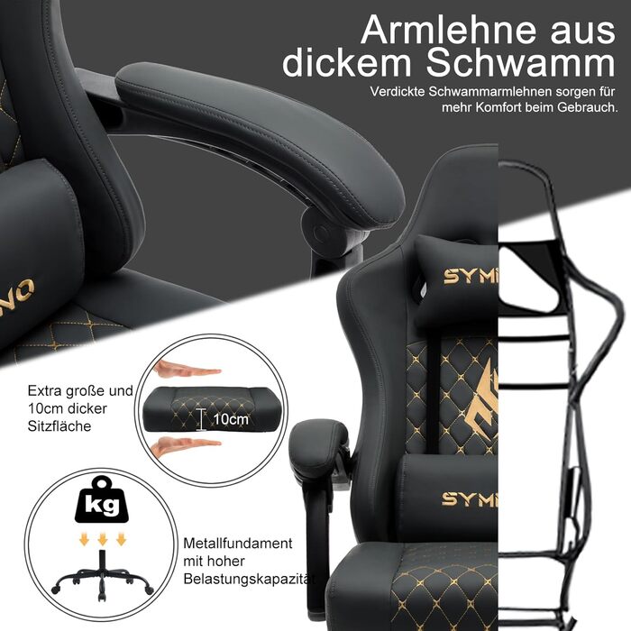 Ігрове крісло Symino Racing з підставкою для ніг, чорне, PU шкіра, 200 кг