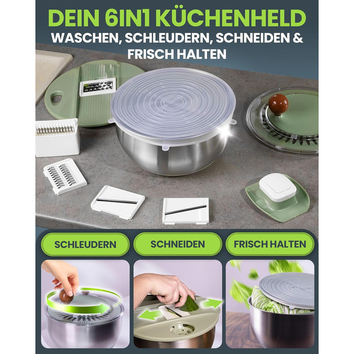 Салатниця-швидкокрутка VELVOMAX 6в1 з нержавіючої сталі, 4.5L - 6 функцій: нарізник овочів, сервіровочна чаша та спіннер для салатів. Можна мити в посудомийній машині, з антиковзним дном та кришкою. Ідеально для любителів готувати.