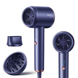 Іонний фен для волосся DEWILY 1800W з дифузором для кучерявого волосся, 3 температурні режими, 2 швидкості, компактний дорожній фен (блакитний)