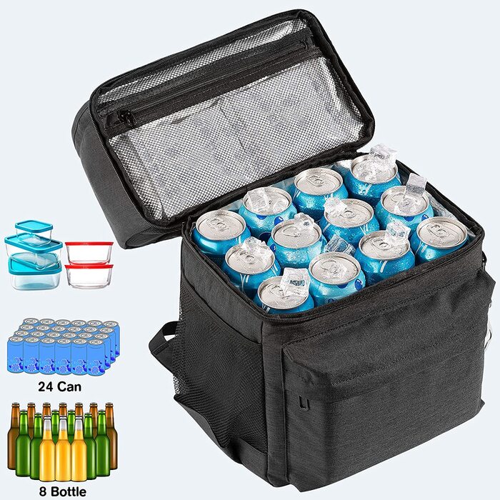 Терморюкзак 2-в-1 з ізольованою сумкою, великий об'єм, для пікніків, пляжу, походів, роботи та сімейних виїздів (24 банки), чорний