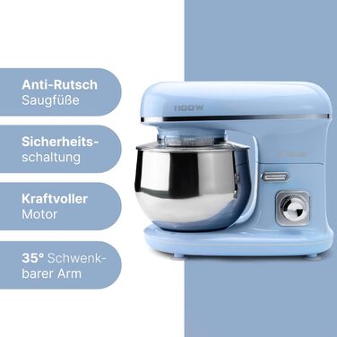 Кухонна машина Bomann 1100 Вт | 5л чаша | міксер, гак для тіста, насадка для збивання | для 3 кг тіста | KM 6030 CB блакитна