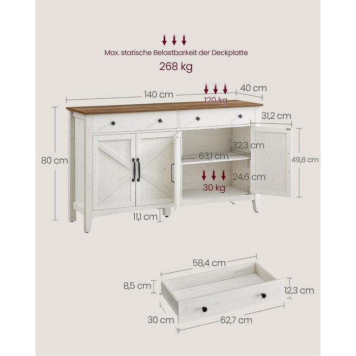 Шафа VASAGLE для кухні, комод з шухлядами, шафа для зберігання з дверцятами, регульована полиця, стиль кантрі, для вітальні, кухні, їдальні, 40 x 140 x 80 см, вінтажний білий + медовий колір BBK381W02