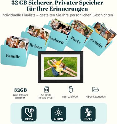 Frameo Цифровий фоторамка з Wi-Fi, 10.1 дюйма, горіх, 32GB, HD IPS сенсорний екран, відтворення фото/відео через додаток Frameo, подарунок для чоловіків та жінок