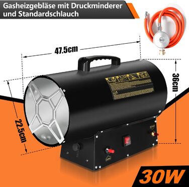 Газова теплова гармата для приміщень Ikodm, 30 кВт, 220V, 320 м³/год, з газовим шлангом 1,2м та редуктором тиску 700 мбар