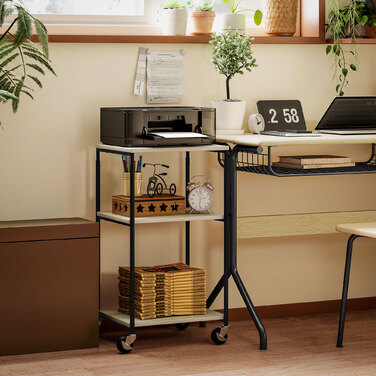 Підставка для принтера з 3 рівнями, регульована по висоті, мобільний стіл для принтера на колесах, для домашнього офісу, металева та дерев'яна