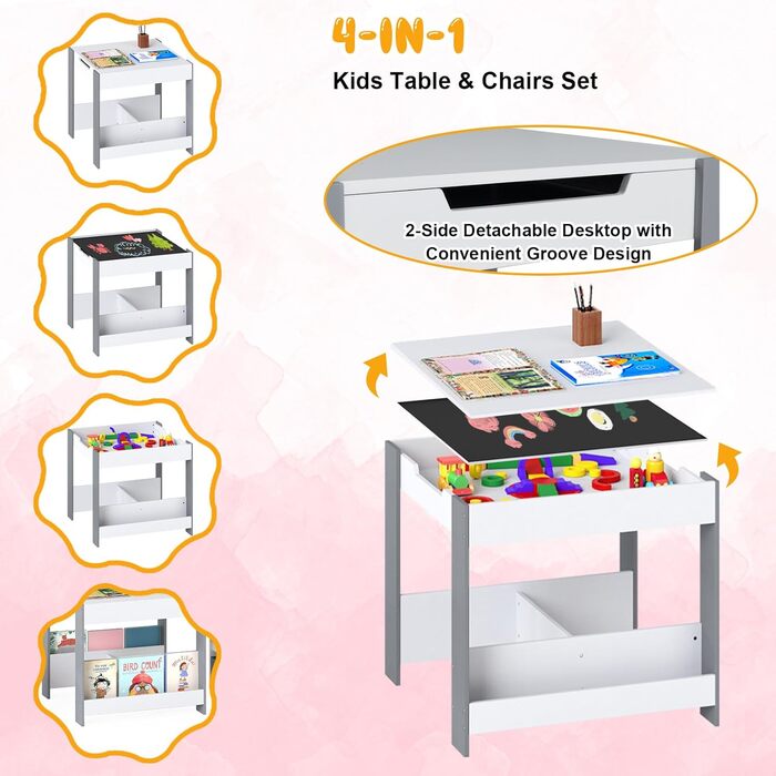Дитячий стіл LIFEZEAL 3 в 1 з 2 стільцями: стіл для малювання, активностей та обідній стіл. Дерев'яна дитяча група з місцем для зберігання (світло-сірий)