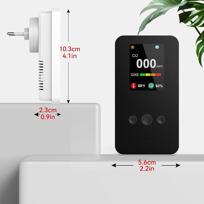 Детектор чадного газу та газу з вилкою, 4-в-1 CO-детектор з датчиком температури та вологості, з акустичним сигналом для дому та автодому, 1 шт. (Чорний) (Weiß 1 Quadrat)