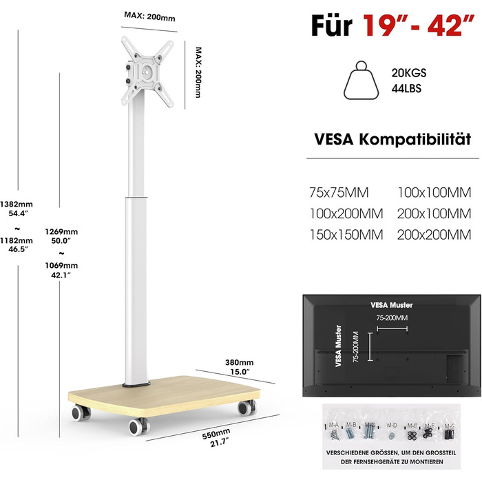Підставка для телевізора мобільна з дерев'яною основою, поворотна, 19-42 дюйми, біла, до 20 кг, VESA 200x200 мм