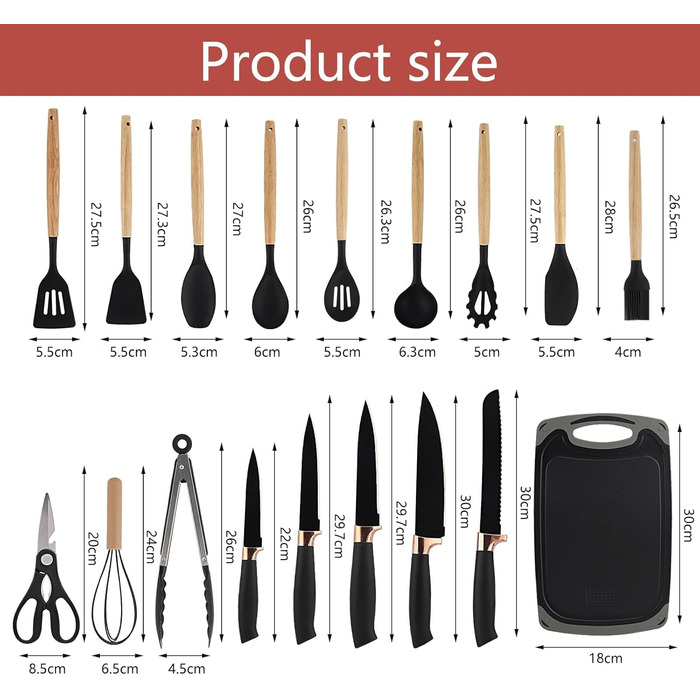 Набір кухонних ножів 19 предметів з підставкою, силіконовий кухонний інвентар, чорний колір