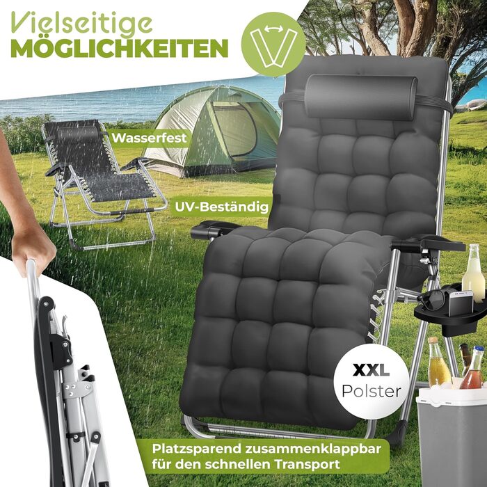 Розкішна шезлонг KESSER® для саду: складаний, стійкий до погодних умов, витримує 200 кг, з ергономічною подушкою, регульованою спинкою, підголівником та тримачем для напоїв (антрацит)