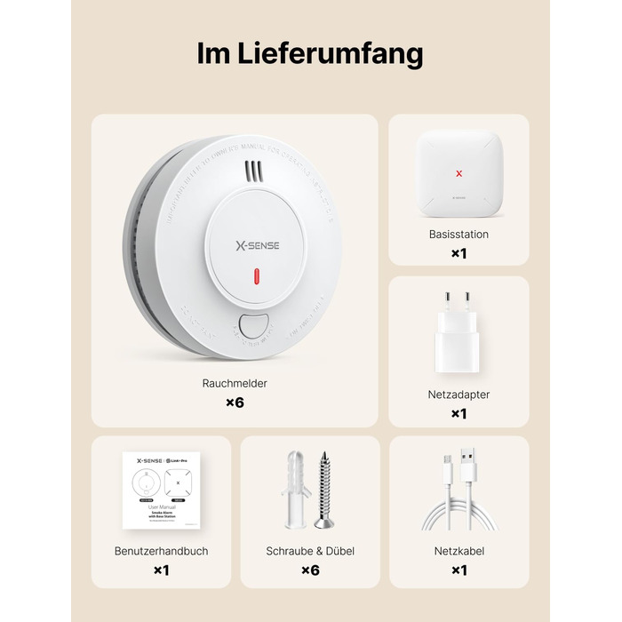 X-Sense Детектор диму з Wi-Fi, 10 років роботи батареї та базовою станцією SBS50 (6 шт.), фотоелектричний, бездротовий, SD19-MN61, білий