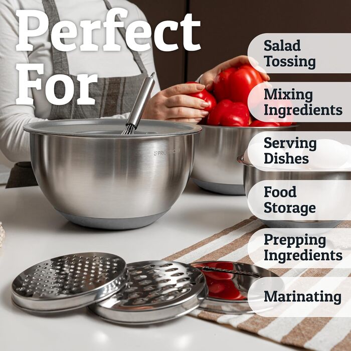 Набір міксерів PriorityChef з нержавіючої сталі з кришками, 3 насадки-терки, герметичні кришки, силіконова антиковзаюча основа, великі кухонні миски для приготування їжі, зелений (сірий)