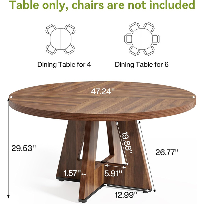 Круглий обідній стіл LITTLE TREE на 4-6 осіб, 119,9 см, з дерев'яним цоколем, коричневий, для кухні, їдальні, вітальні (тільки стіл)