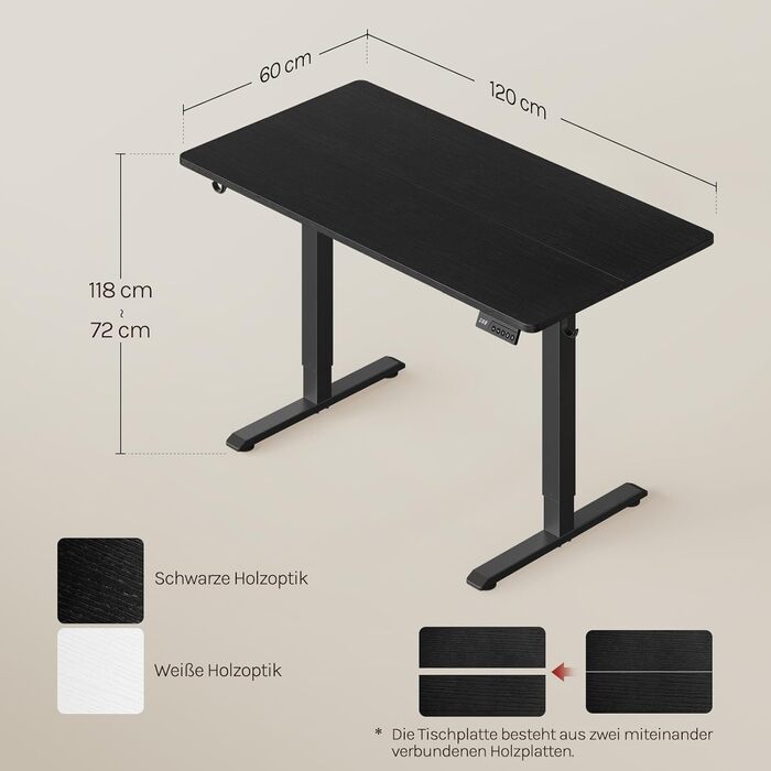 Електричний регульований по висоті письмовий стіл WOLTU з функцією пам'яті та захистом від зіткнень, комп'ютерний стіл для дому та офісу, чорний, 120 x 60 см