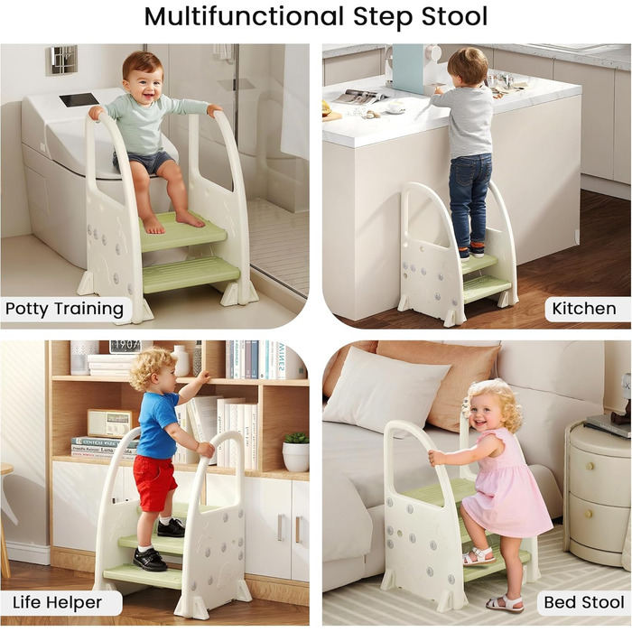 Дитячий тритул Hominewti з регулюванням висоти, 2-3 сходинки, з антиковзким покриттям та підлокітниками. Підходить для ванної кімнати, дитячої кімнати та кухні (зелений)