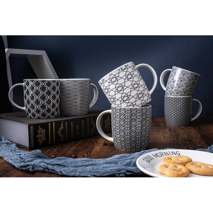Набір чашок для кави та чаю, 6 шт., чорно-білий геометричний візерунок, кераміка