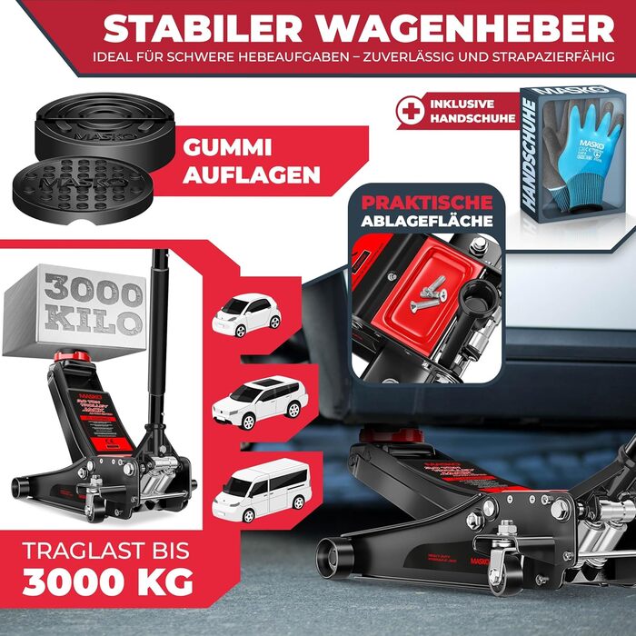 Гідравлічний домкрат MASKO 3T з низьким профілем 85-460мм, 3 гумові накладки, для легкових авто та SUV, ролики 360°, рукавички в комплекті. Домкрат під автомобіль до 3 тонн - Чорний