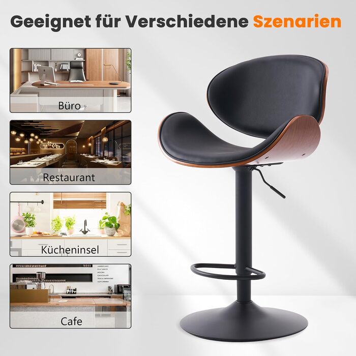 Барний стілець YOUTASTE з вигнутого дерева, 1 шт., 360° обертання, спинка та підніжка, PU-шкіра, для бару, кухні, бістро, білий (чорний)