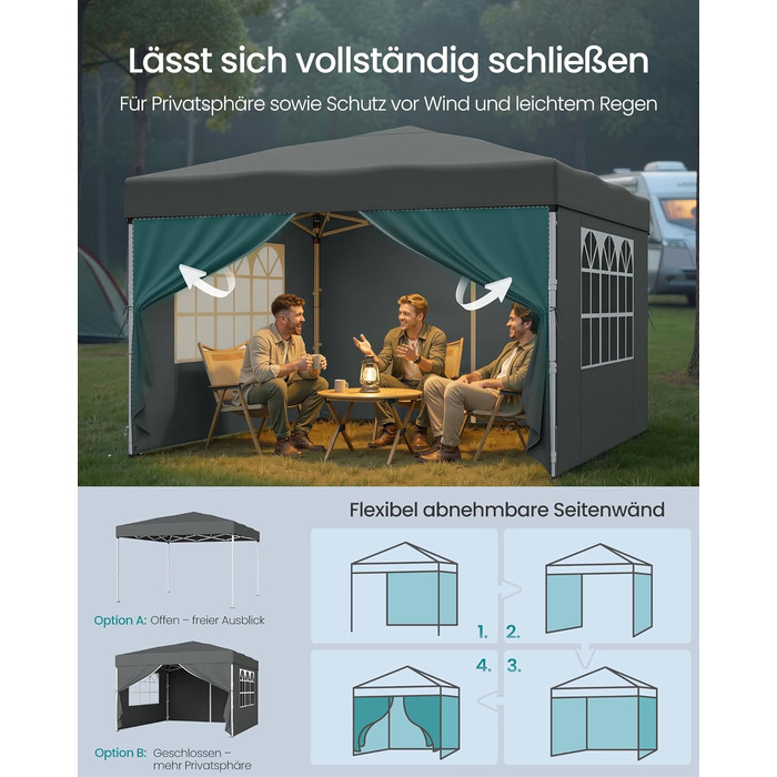 Павільйон SONGMICS 3x3 м, садовий, для відпочинку та заходів, з 4 боковинами (темно-сірий)