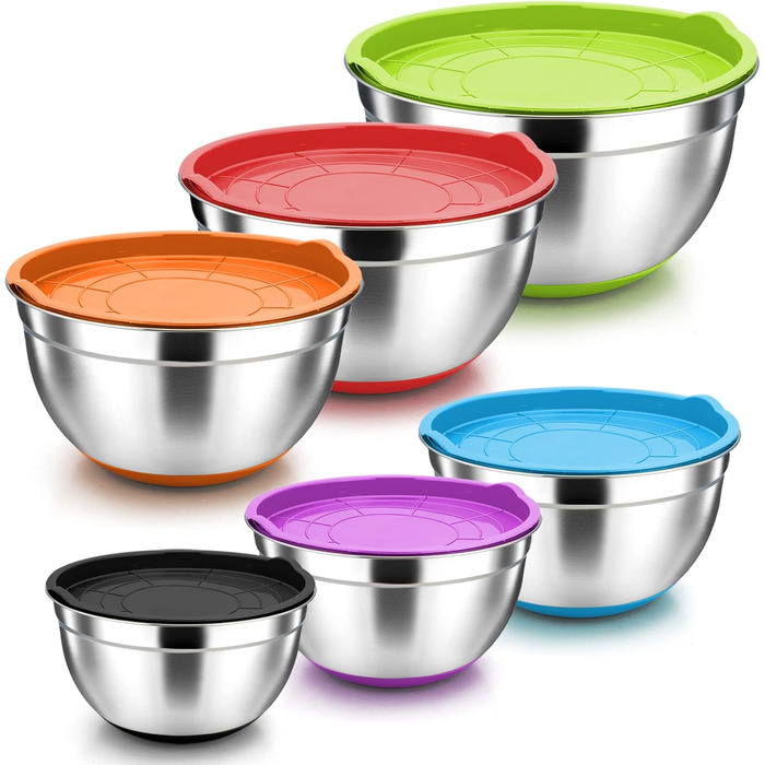 Набір мисок Herogo (6 шт.) з нержавіючої сталі з кришками, 6,7л/3,3л/2,5л/1,5л/1,2л/0,7л. Складаються, для приготування, випічки та зберігання. Можна мити в посудомийній машині (кольорові)