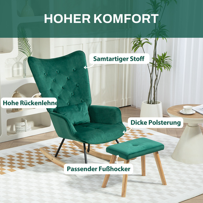 Крісло-гойдалка HOMCOM з табуретом, крісло з подушками, оксамитовий ефект, крісло з дерев'яними ніжками з спинкою для спальні, вітальні, 66 x 96 x 101 см, зелений