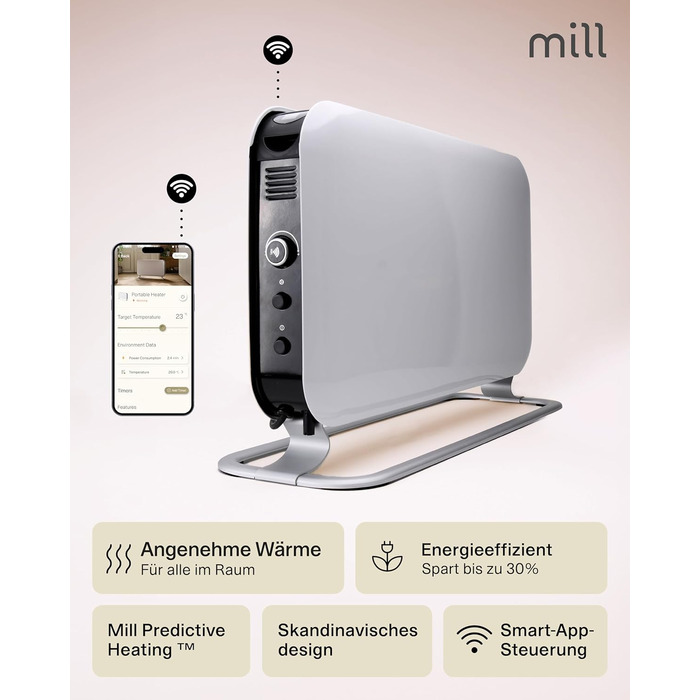 Електричний конвекторний обігрівач Mill 1200W, 14-18 м², WiFi, енергозберігаючий, білий