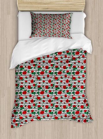 Набір підковдр ABAKUHAUS Rose Двоспальне ліжко, романтичний квітковий шеврон, м'яка форма найвищої якості Підковдра з 2 предметів з 1 наволочкою, 170 x 220 см - 75 x 50 см, нефритово-зелений червоний