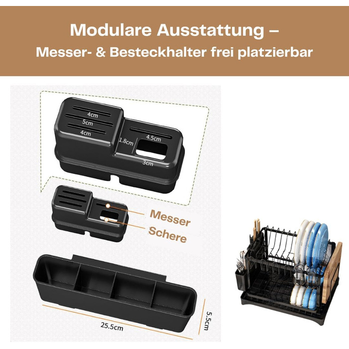 Сушарка для посуду нержавіюча сталь, 2-ярусна, з піддоном та відділенням для столових приборів, компактна для кухні
