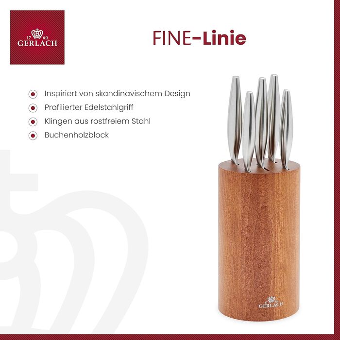 Набір кухонних ножів Gerlach Fine з нержавіючої сталі (5 ножів) у дерев'яному блоці