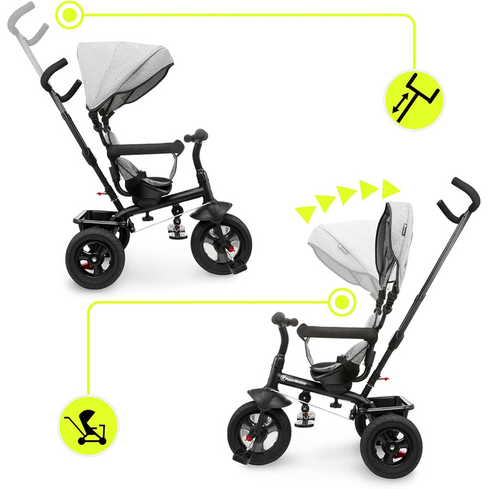 Триколісний велосипед HyperMotion з ручкою для батьків 3-в-1, сірий - для дітей від 1 до 4 років (до 20 кг)