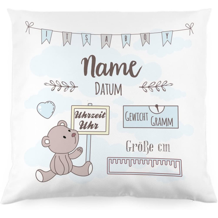 Подушка Striefchen в подарунок на Хрещення або народження з ім'ям і датою-Плюшевий ведмедик-подарунок для дитини або подушка для народження хлопчика