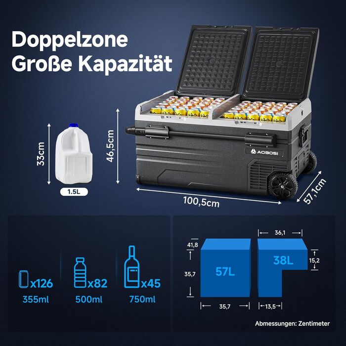 Компресорна холодильна сумка AAOBOSI 95L з двома зонами, WIFI-керуванням, USB-портом, 12/24V/100-240V, -20°C до 20°C для авто, вантажівки, човна, кемпінгу