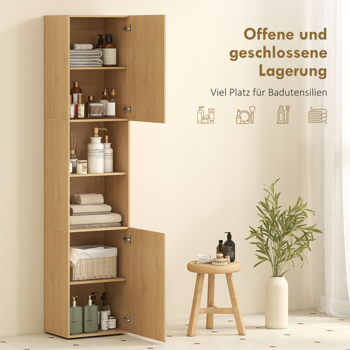 Висока шафа для ванної кімнати, 6 ящиків, 2 шафки, 2 відкриті полиці, відкриті відсіки, дерево, колір дуба