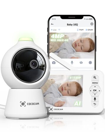 Відеоняня COCOCAM 2K 4MP з камерою та монітором 5 дюймів, Wi-Fi 2.4/5GHz, ШІ-розпізнавання, датчик перекриття обличчя та сну на животі, автотрекінг, ІК нічний зір