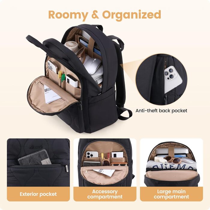 LOVEVOOK Рюкзак для жінок, рюкзак для ноутбука, шкільний рюкзак для підлітків, легкий рюкзак з м'якою підкладкою, велика робоча сумка для навчання, рюкзак на день, елегантний для університету та подорожей (B-глибокий чорний, 15.6 дюймів)
