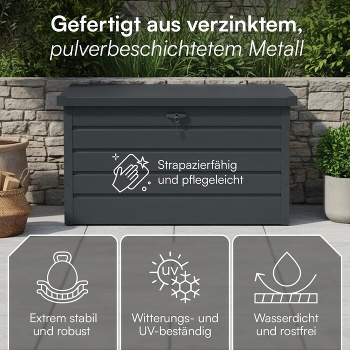 Скриня для саду STEELSØN Dorado 270л, металева оцинкована, водонепроникна, з замком та відкидною кришкою, антрацит - для балкона, тераси, саду 120x62x63 см