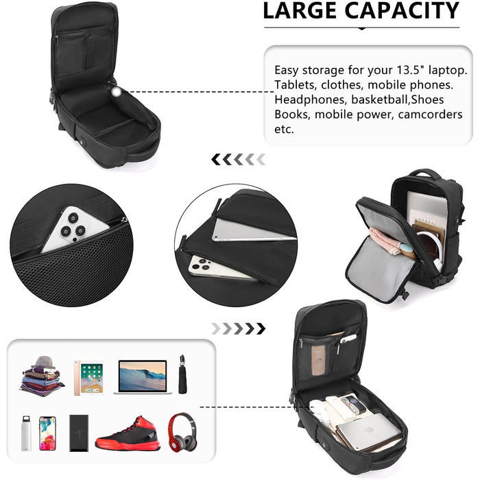 KONO Рюкзак для ручної поклажі 42x30x20, рюкзак для ноутбука 25L, Outdoor, для подорожей, спорту, Weekender з відділенням для взуття, чорний