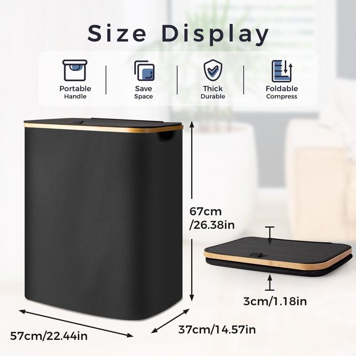 Кошик для білизни Rieeyrslza з кришкою 158 л з бамбука з 2 знімними мішками для білизни, Oxford, складний, для сортування, багатофункціональний, для ковдр та одягу (сірий) (чорний 145л)