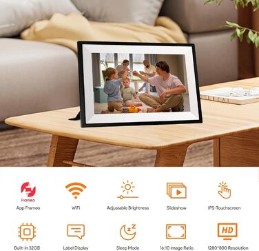 Цифровий фоторамка Aorpdd з Wi-Fi, 10.1 дюйма, HD IPS, сенсорний екран, 32GB, автоматичне обертання, Frameo App, чорний