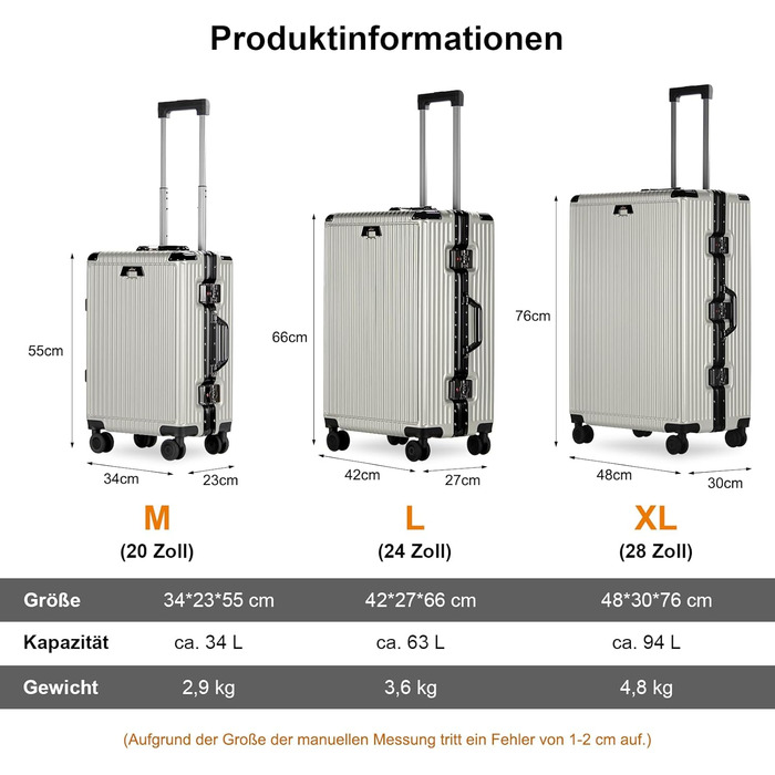 Набір валіз HOMELUX 3 шт. (M-L-XL) з ABS-пластику, сріблясті, з жорсткою обшивкою, з ручкою-телескопом, для подорожей