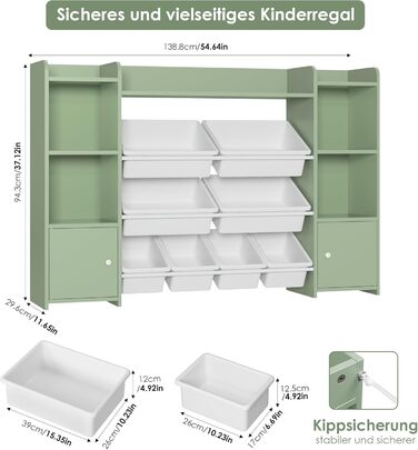 FOREHILL Регульована полиця для іграшок з 8 ящиками, дитячий шафка, книжкова полиця для дітей, меблі для дитячої кімнати з ящиком для іграшок, 138,8 x 94,3 x 29,6 см, білий (зелений)