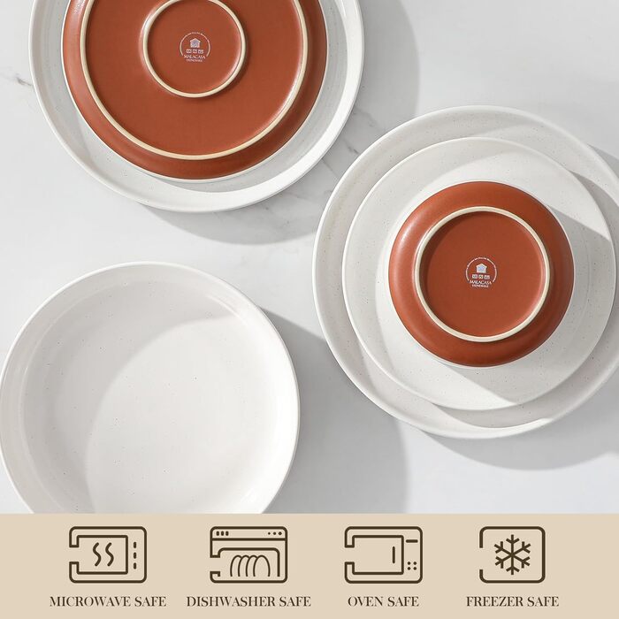 MALACASA Сервіз на 6 осіб (24 предмети) з реактивної глазурі, кераміка, білий з коричневим, для дому та ресторану