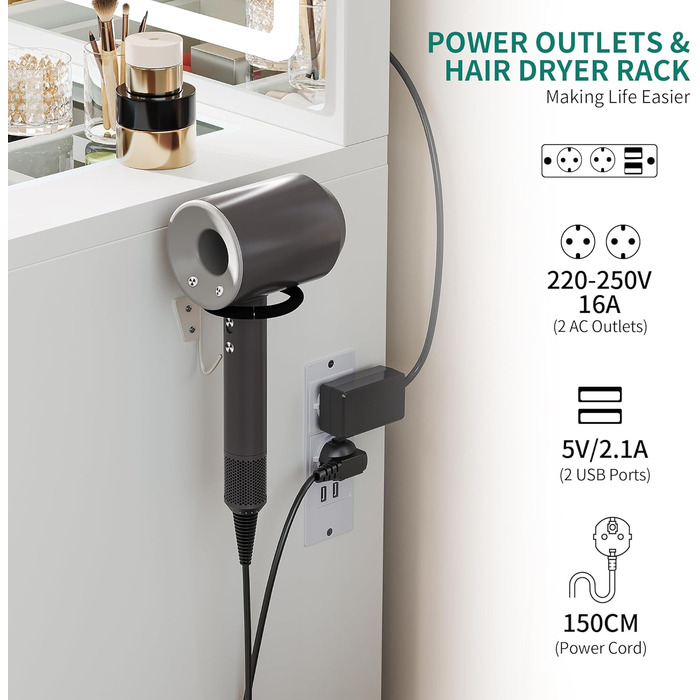 Туалетний столик YITAHOME з LED-дзеркалом, регульоване 3-кольорове освітлення, скляна стільниця, вбудована розетка, для спальні, 115 x 40 x 134 см, білий