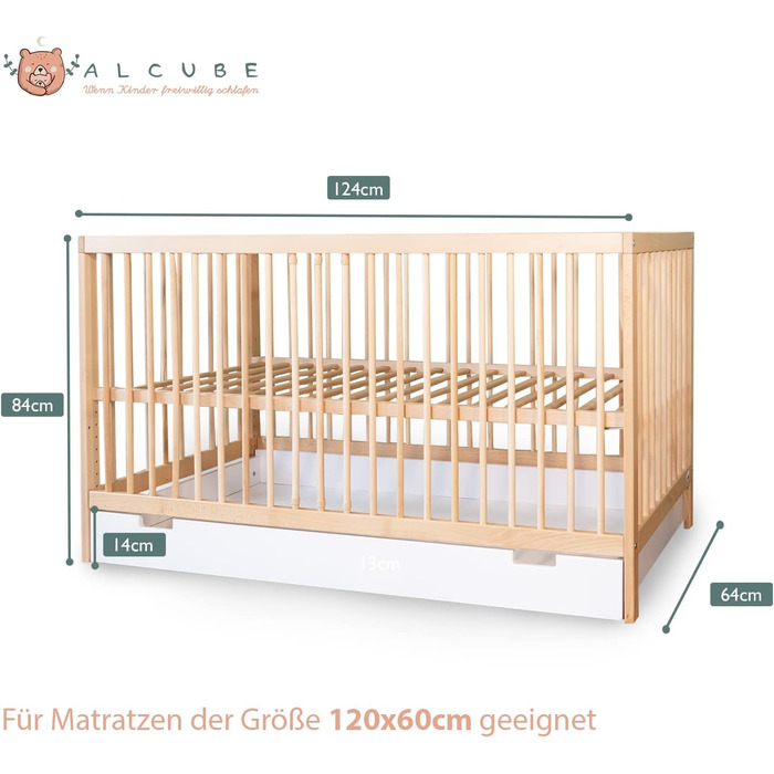 Дитяче ліжечко Alcube см Тоні виготовлене з високоякісної деревини бука, з накладними перекладинами і матрацом з висувним ящиком білого кольору (60х120, натуральне - з висувним ящиком)