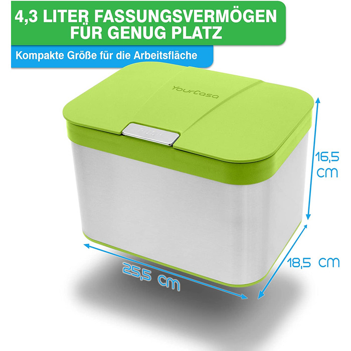 Відро для компосту YourCasa з нержавіючої сталі-4,3 л-для побутових органічних відходів на кухні-внутрішня мийка - стійка до запахів і миється - органічна кошик для сміття з кришкою Кухонне відро для органічних відходів (зелено-білий)