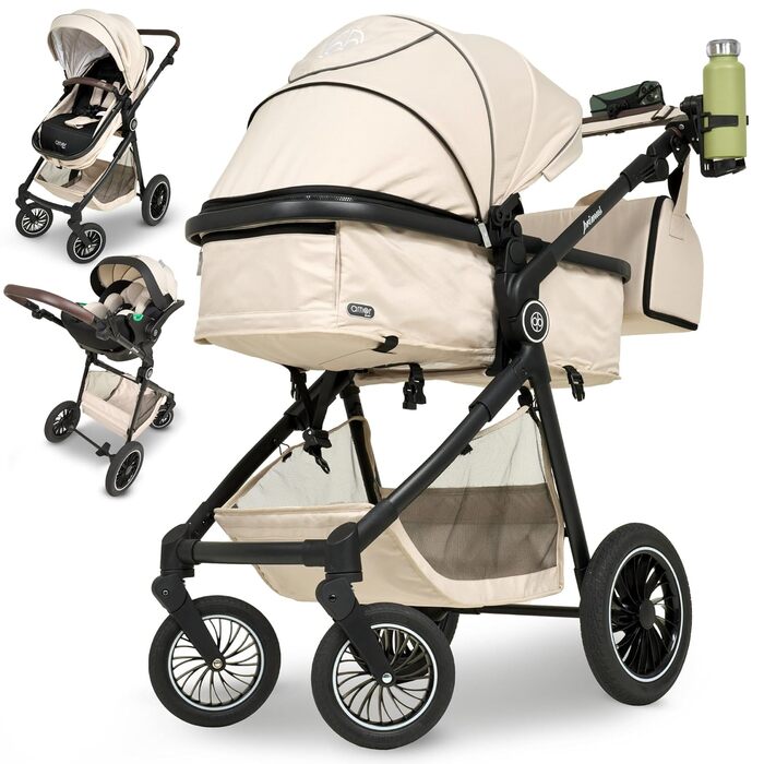 Дитяча коляска 3 в 1 з автокріслом та люлькою | Коляска для новонароджених з 5-точковим ременем безпеки, світло-оливкового кольору, без Isofix