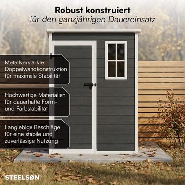 Сарай садовий STEELSØN Novara 192x92x151 см - пластиковий, з вікном, під дерево, дах похилий, темно-сірий, вологостійкий