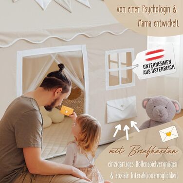 Дитячий будиночок LIONHERZ® DAS ORIGINAL з поштовою скринькою | Ігровий намет з килимком та гірляндою | Будиночок для дітей з 3 вікнами та щільним завісою | Намет для дитячої кімнати (кремово-білий)