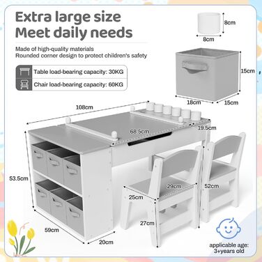 Дитячий стіл MAMIZO з 2 стільцями: дерев'яний стіл для ігор з місцем для зберігання, комплект меблів для дітей 3+ (сірий)